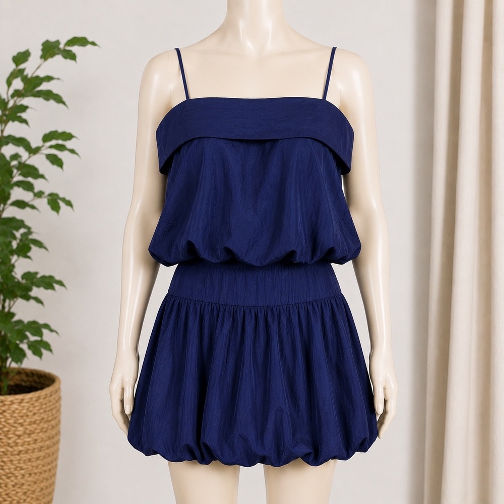 Navy Blue Bubble Hem Two Piece Set Cami Silky Top L and Mini Skirt 12 Party Chic